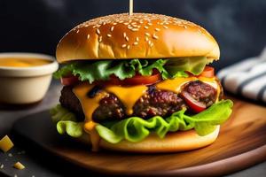 Hambúrguer de carne saborosa vista frontal com queijo e salada foto