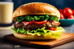 Hambúrguer de carne saborosa vista frontal com queijo e salada foto