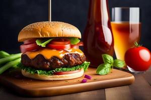 Hambúrguer de carne saborosa vista frontal com queijo e salada foto