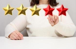 conceito de feedback da experiência do cliente. cinco estrelas vermelhas, a melhor classificação de excelentes serviços com uma mão feminina para atender. mesa branca foto