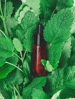 frasco de vidro vermelho com uma pipeta para cosméticos e folhas de hortelã verde, vista superior foto