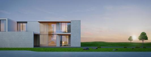casa moderna de luxo na grama com fundo por do sol, conceito de imóveis ou propriedade renderização em 3d foto