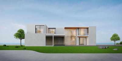 casa moderna de luxo na grama com vista para o mar e fundo do céu azul, conceito de imóveis ou propriedade renderização em 3d foto