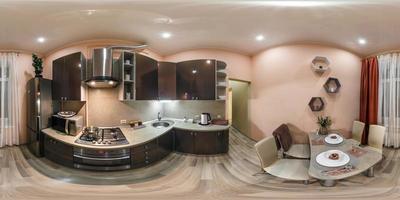 vista panorâmica hdri 360 esférica sem costura completa no interior da pequena cozinha em apartamentos modernos com móveis em projeção equiretangular, conteúdo vr foto
