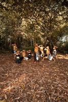 dança javanesa em trajes dourados enquanto usam uma pose de maquiagem juntos perto das folhas marrons foto