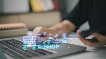 e-shop, e-commerce adiciona ao carrinho conceito de internet de tecnologia de negócios de compras on-line. foto