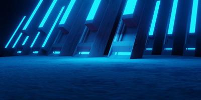 Renderização em 3D do fundo do corredor da nave espacial brilhante de néon azul escuro conceito de cyberpunk. cena para publicidade, showroom, tecnologia, jogo, esporte, metaverso. ilustração de ficção científica. exibição do produto foto