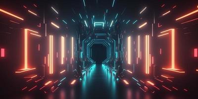 fundo de tecnologia de inteligência artificial com luz neon de túnel futurista foto