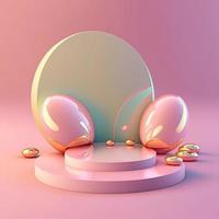 pódio rosa brilhante 3d com decoração de ovo de páscoa para exibição do produto foto