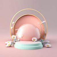 pódio rosa 3d brilhante com enfeite de ovos e flores para vitrine de produtos do dia de páscoa foto