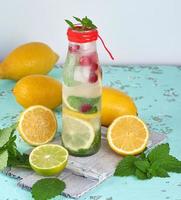 limonada de bebida refrescante de verão com limões, cranberry, folhas de hortelã, limão em uma garrafa de vidro foto