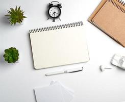 caderno espiral com folhas vazias, caneta e plantas verdes em uma panela, mesa branca foto