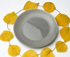 placa de cerâmica cinza vazia e folhas de damasco secas amarelas em um fundo branco foto