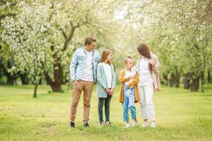 família adorável no jardim cerejeira florescendo em lindo dia de primavera foto