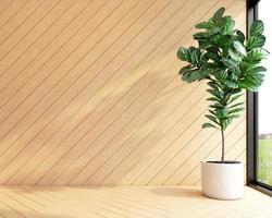 quarto vazio minimalista com parede padrão de madeira e plantas verdes internas. renderização 3d foto