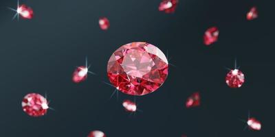 Grupo de diamantes de gema de rubi caindo de fundo de foco suave bokeh renderização em 3d foto