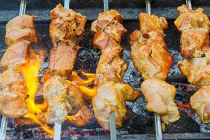 shashlik marinado preparando em uma churrasqueira sobre carvão. foto