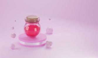 renderização 3D cilindro de espaço vazio pódio rosa dia dos namorados, forma de coração, jarra rosa dia dos namorados foto