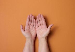 duas mãos femininas em um fundo marrom. palmas das mãos vazias abertas, vista superior foto