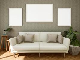 Design de interiores 3d para sala de estar e moldura de maquete foto