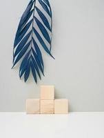 de madeira cubo em uma cinzento fundo com uma azul Palma folha. etapa para produtos demonstração, Cosmético foto