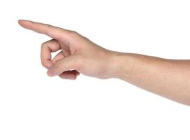 mão apontando tocando ou pressionando isolado no fundo branco foto