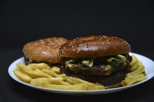 dois hambúrgueres com carne e francês fritas em uma placa. delicioso velozes Comida. hambúrgueres. foto