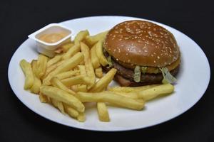 dois hambúrgueres com carne e francês fritas em uma placa. delicioso velozes Comida. hambúrgueres. foto