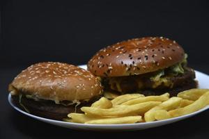 dois hambúrgueres com carne e francês fritas em uma placa. delicioso velozes Comida. hambúrgueres. foto