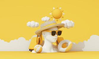 verão período de férias conceito com oculos de sol e mala de viagem com nuvens dentro a fundo ao longo abstrato mulheres face modelo, moda roupas, roupa de banho com cópia de espaço bandeira produtos ficar de pé mostrar. 3d Renderização foto