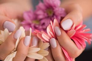 mãos de mulher com manicure segurando flor foto
