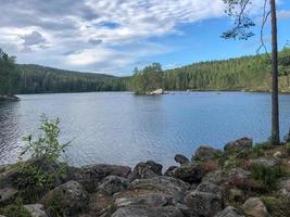 lindo panorama do uma lago dentro Suécia, a Lugar, colocar é cercado de uma muito arborizado área. a sueco panorama é ocupado dentro a Primavera e verão temporada. foto