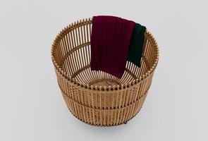 lavanderia bambu cesta vime com pano mínimo 3d Renderização em branco fundo foto