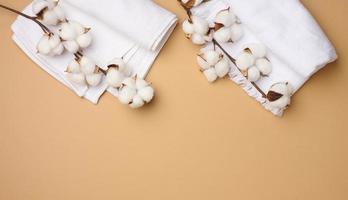 guardada branco algodão Terry toalha e raminhos do algodão flor em uma luz Castanho fundo, topo Visão foto
