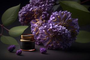 único e aromático óleo para corpo Cuidado. lilás flor produtos fotografia foto