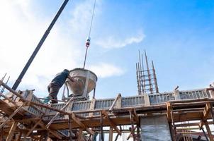 construção construção trabalhadores às construção local derramando concreto dentro forma, homem trabalhando às altura com azul céu às construção local foto