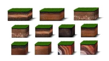diagrama de camadas de solo isométrico, seção transversal de grama verde e camadas de solo subterrâneo abaixo, estrato de orgânicos, minerais, areia, argila, camadas de solo isométricas isoladas em branco foto