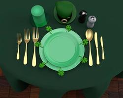 prato colher prato faca dourado amarelo laranja cor chapéu vela folha plantar Flor verde Comida mesa escrivaninha símbolo decoração st santo patrick dia 17 dezessete marcha irlandês país leprechaun.3d render foto