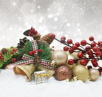decorações de natal com enfeites e frutas aninhadas na neve foto