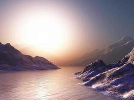 3D montanhas contra o pôr do sol foto