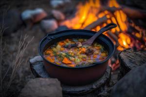 delicioso e quente caçadores ensopado em fogueira Comida fotografia foto