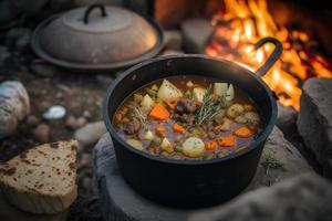 delicioso e quente caçadores ensopado em fogueira Comida fotografia foto