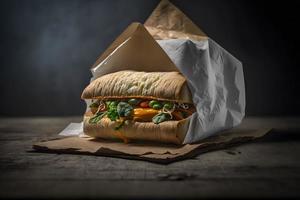caseiro levar longe sanduíche embalado dentro uma cinzento papel Comida fotografia foto