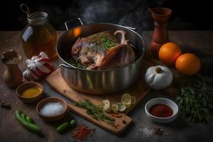 ingredientes para assado carne de porco junta dentro caçarola com especiarias foto