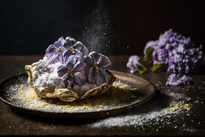 caseiro e saboroso frito lilás flor com em pó açúcar Comida fotografia foto