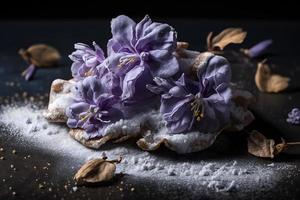 caseiro e saboroso frito lilás flor com em pó açúcar Comida fotografia foto