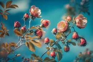 lindo Primavera fronteira, florescendo rosa arbusto em uma azul fundo. floração rosa ancas contra a azul céu foto