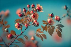 lindo Primavera fronteira, florescendo rosa arbusto em uma azul fundo. floração rosa ancas contra a azul céu foto