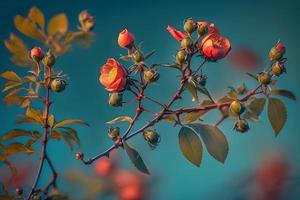 lindo Primavera fronteira, florescendo rosa arbusto em uma azul fundo. floração rosa ancas contra a azul céu foto