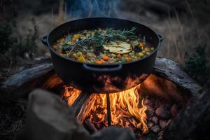 delicioso e quente caçadores ensopado em fogueira Comida fotografia foto